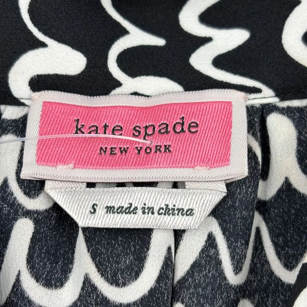 Kate Spade Pop Scallop Blouse Top Size S Black White Print Ruffle Tie Neck